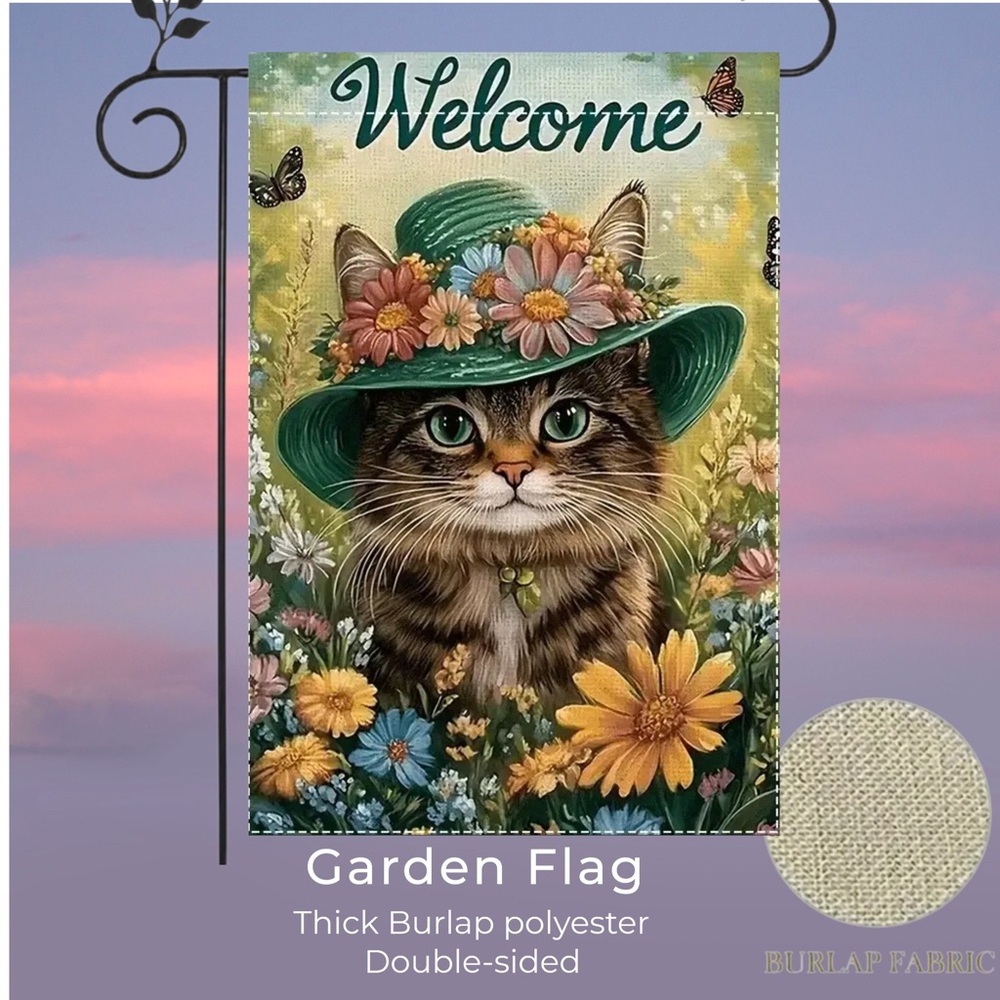 Garden flag, welcome cat with a hat, 12” x 18”thick burlap polyester doublesided